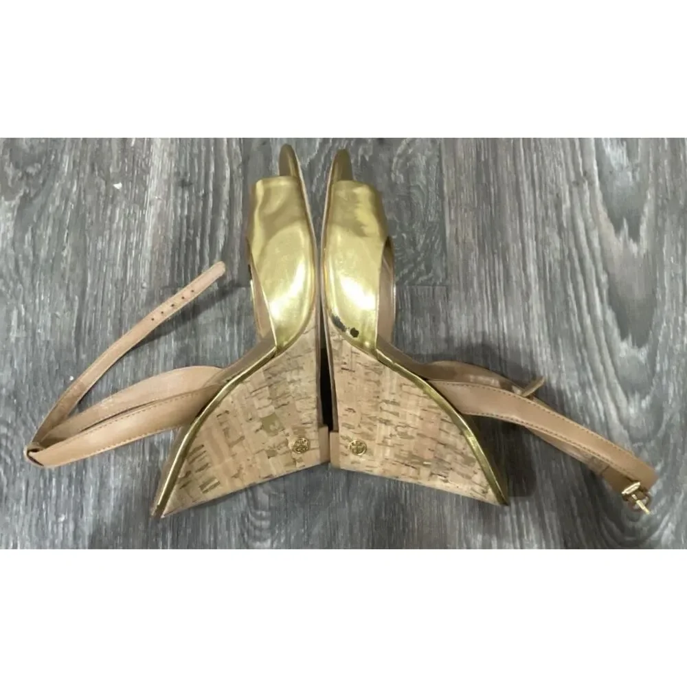 Tory Burch Abena Metallic Gold Leather Cork Wedge Sandals Ankle Strap Heels sz 8